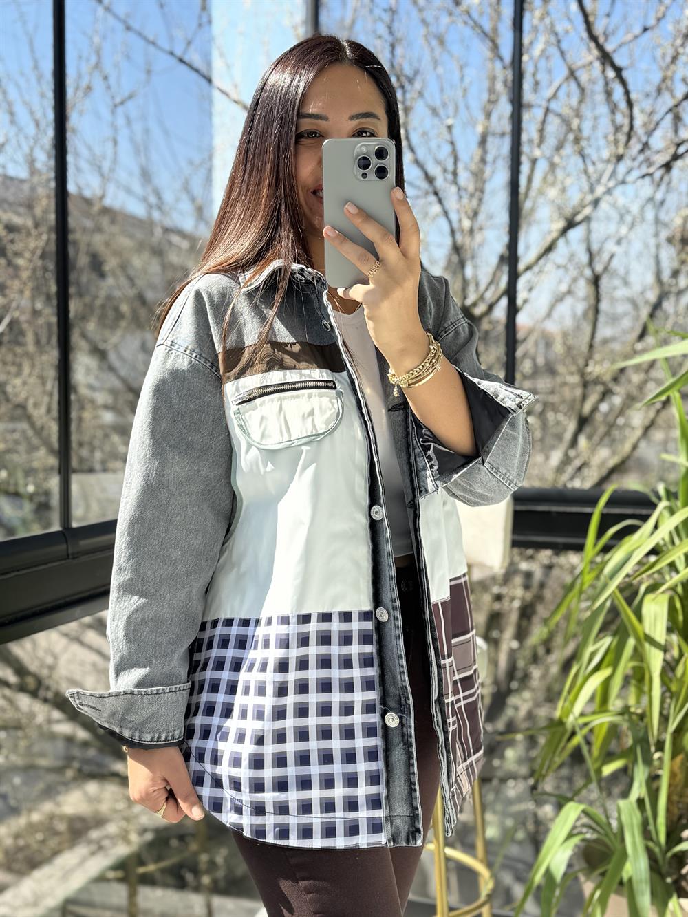 Ekose Mix Denim Ceket Siyah