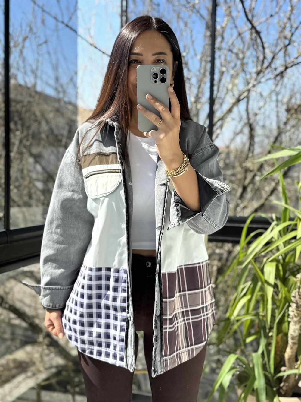 Ekose Mix Denim Ceket Siyah