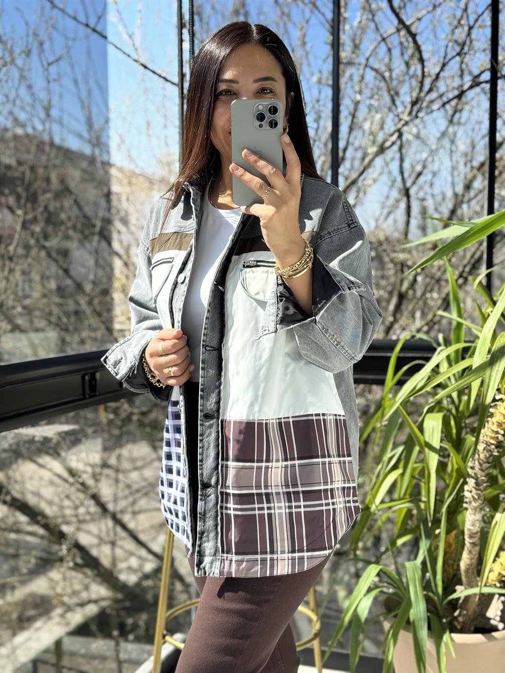 Ekose Mix Denim Ceket Siyah