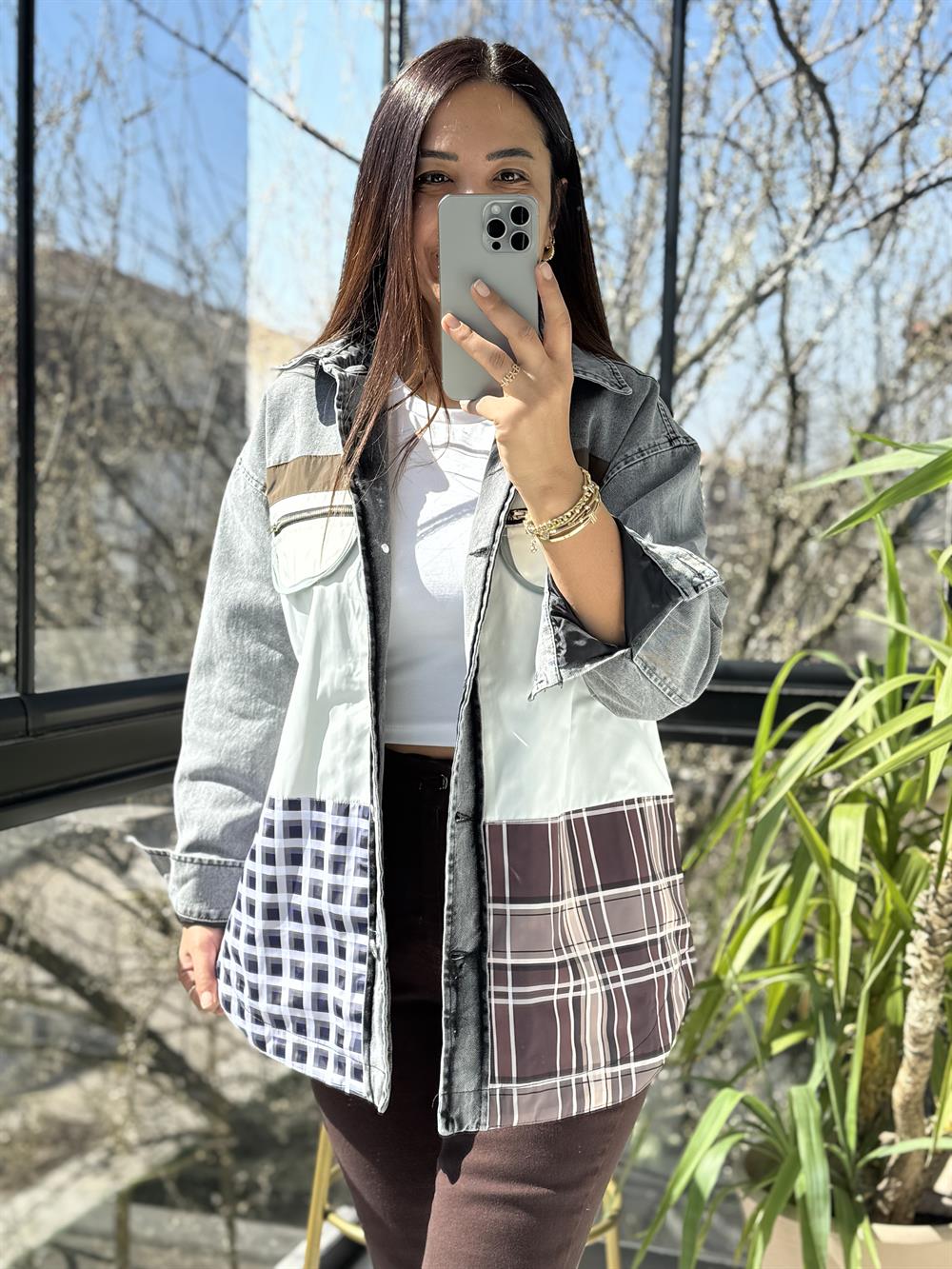 Ekose Mix Denim Ceket Siyah