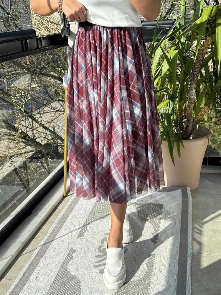 Ekose Tüllü Etek Bordo