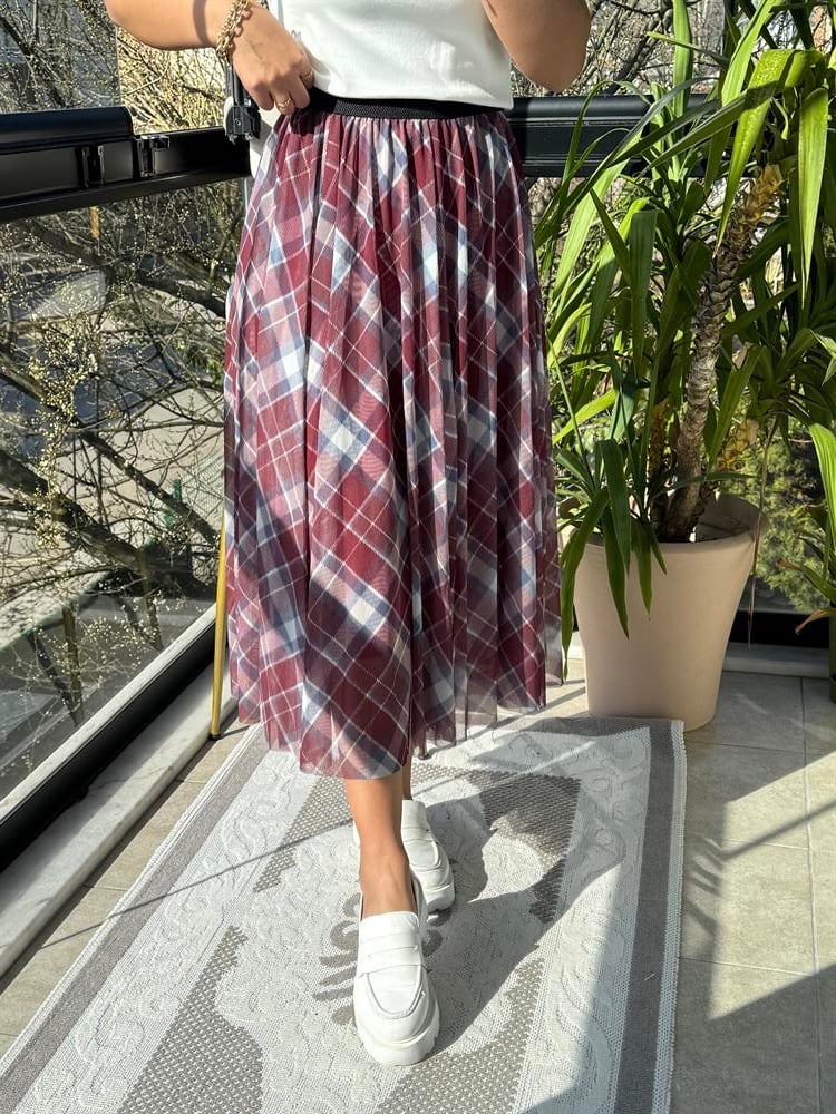 Ekose Tüllü Etek Bordo