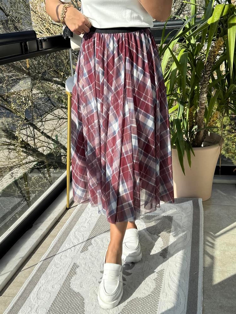 Ekose Tüllü Etek Bordo