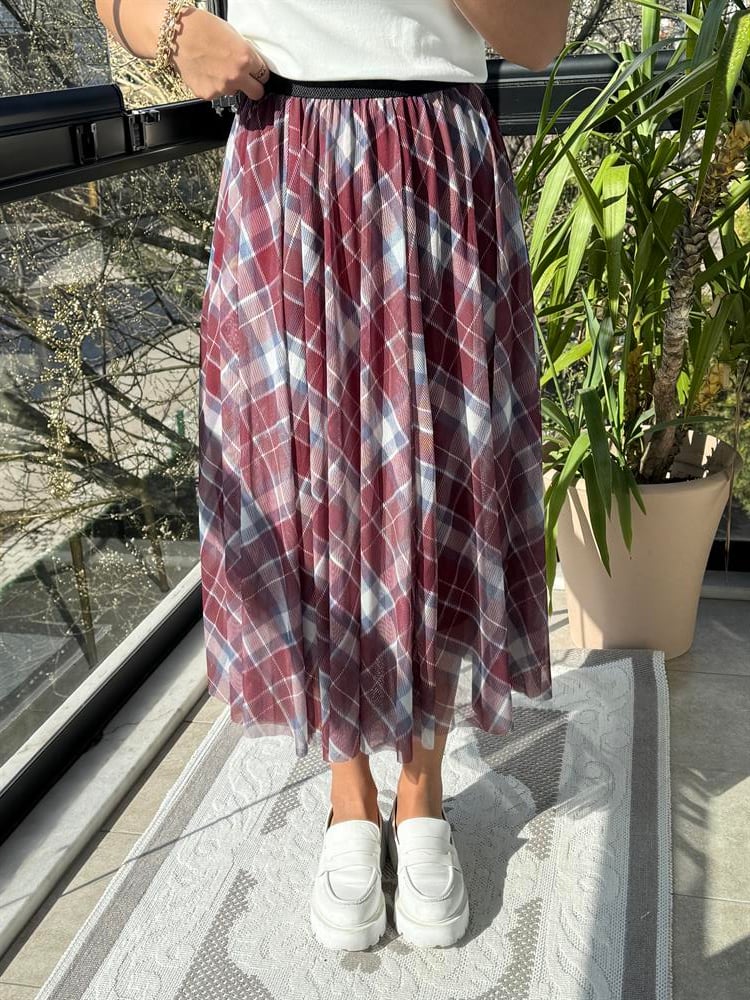 Ekose Tüllü Etek Bordo