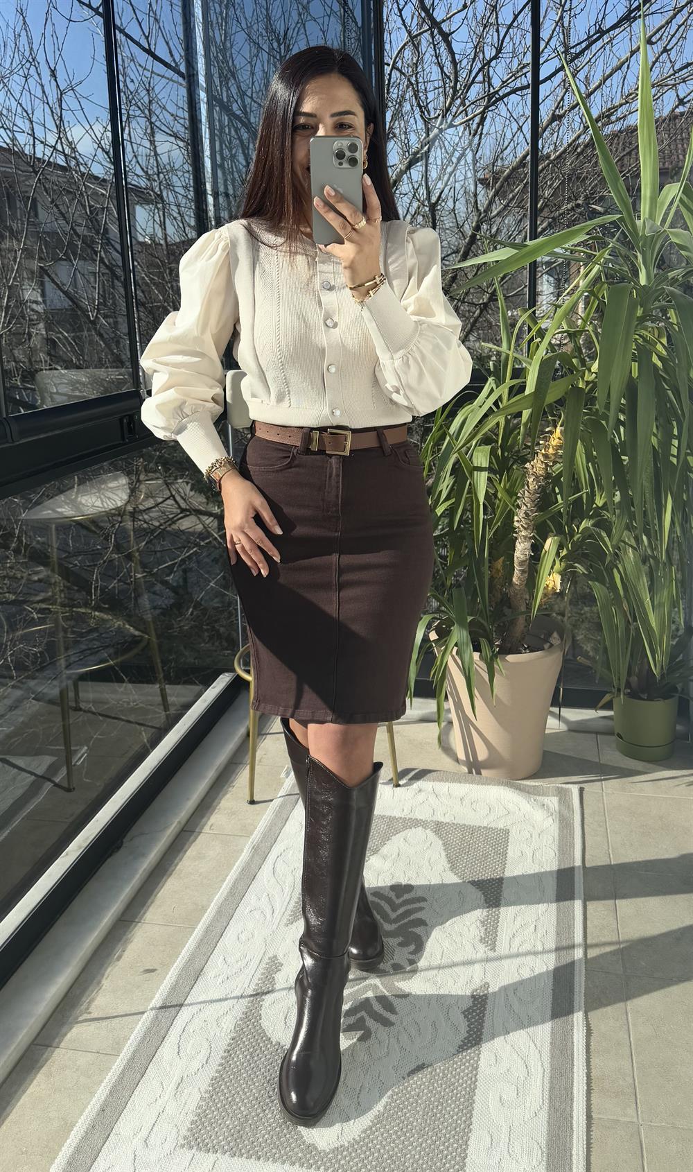 Triko Detaylı Bluz Bej