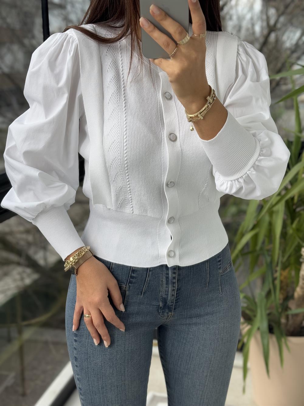 Triko Detaylı Bluz Ekru