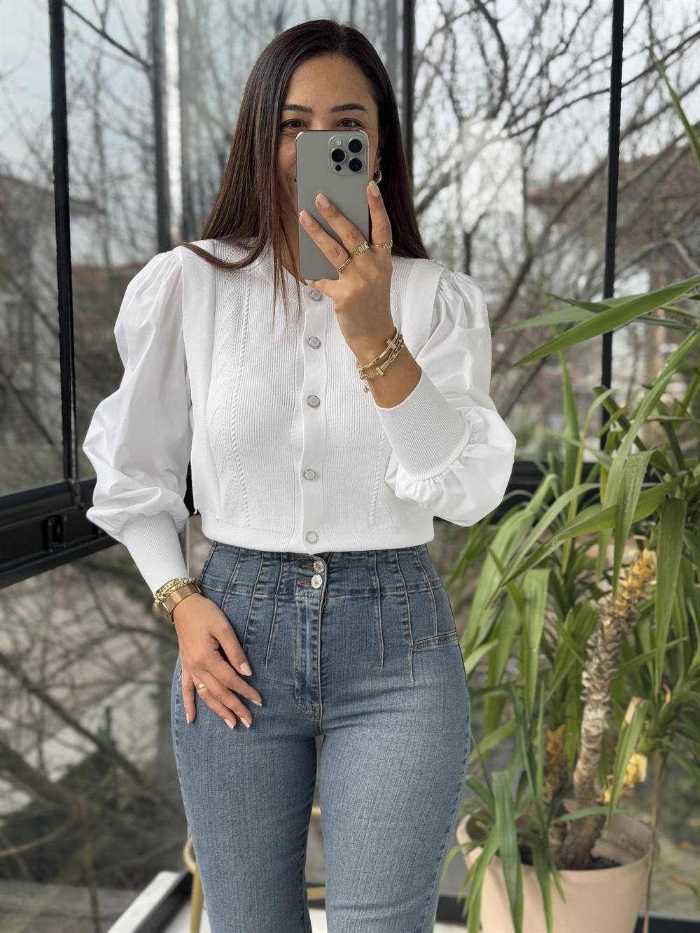 Triko Detaylı Bluz Ekru