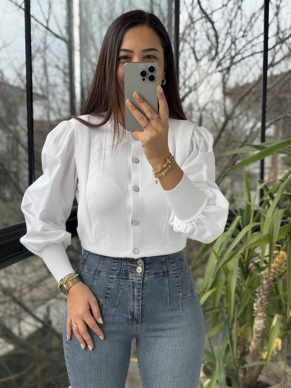 Triko Detaylı Bluz Ekru