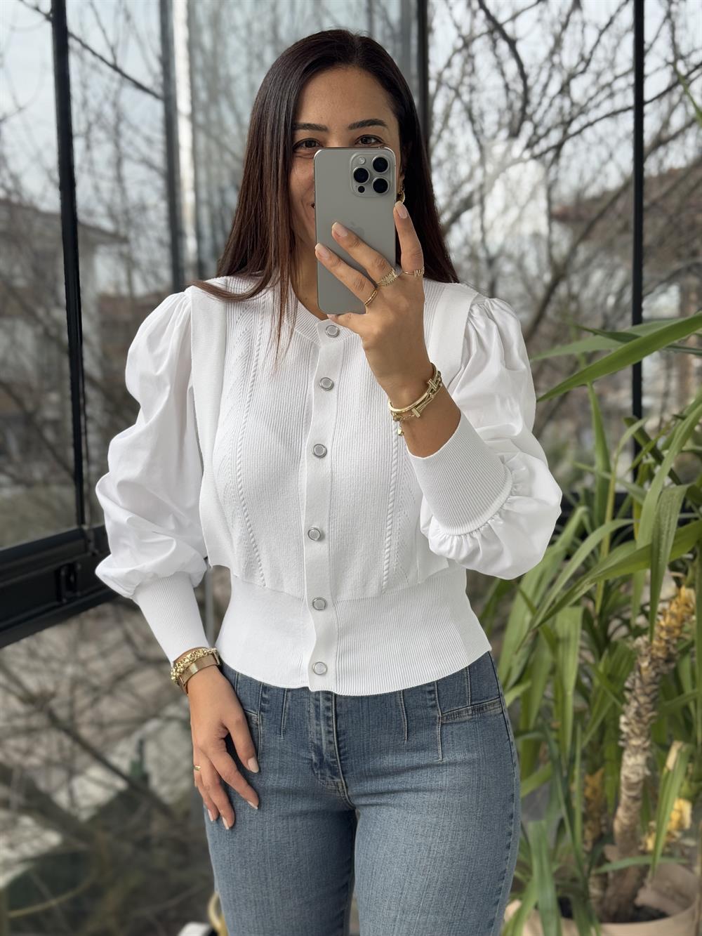 Triko Detaylı Bluz Ekru