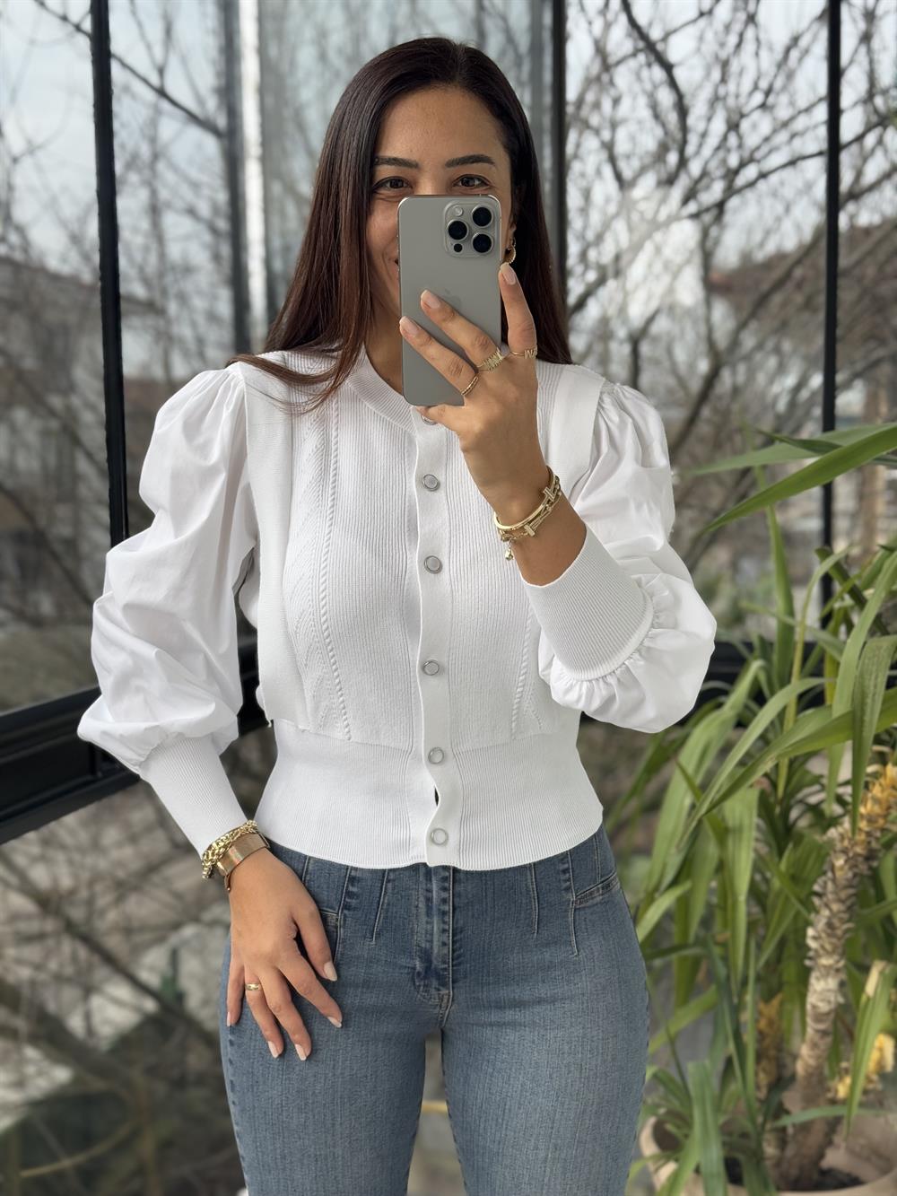 Triko Detaylı Bluz Ekru