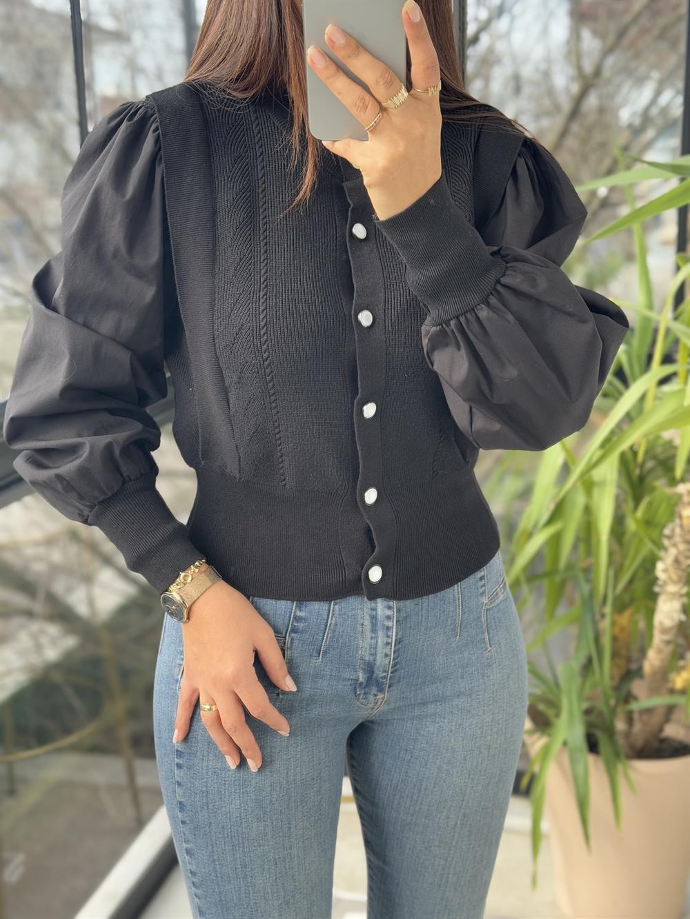 Triko Detaylı Bluz Siyah