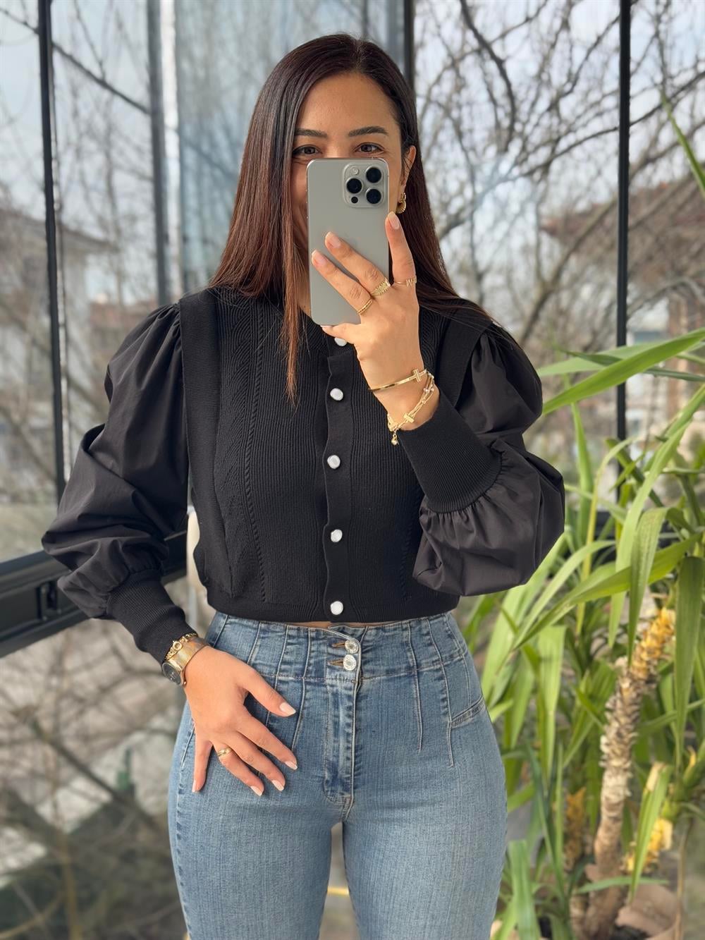 Triko Detaylı Bluz Siyah