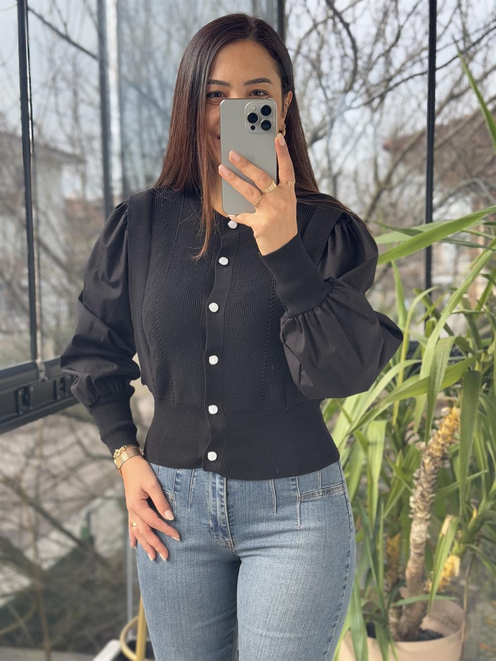 Triko Detaylı Bluz Siyah