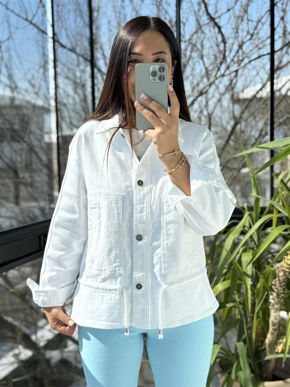 Eteği Büzgülü Oversize Ceket Beyaz