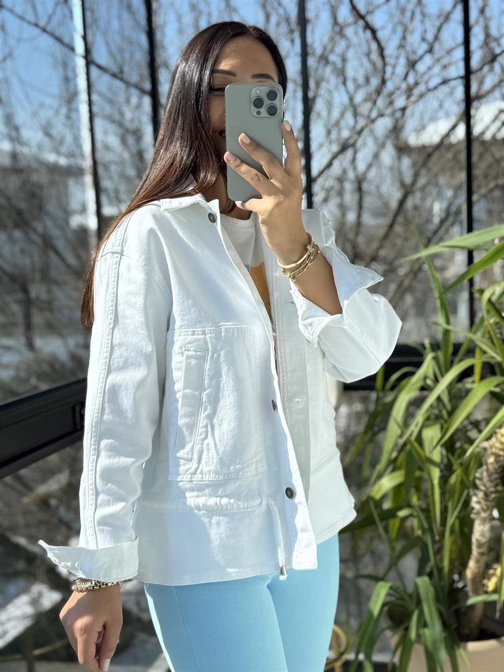 Eteği Büzgülü Oversize Ceket Beyaz