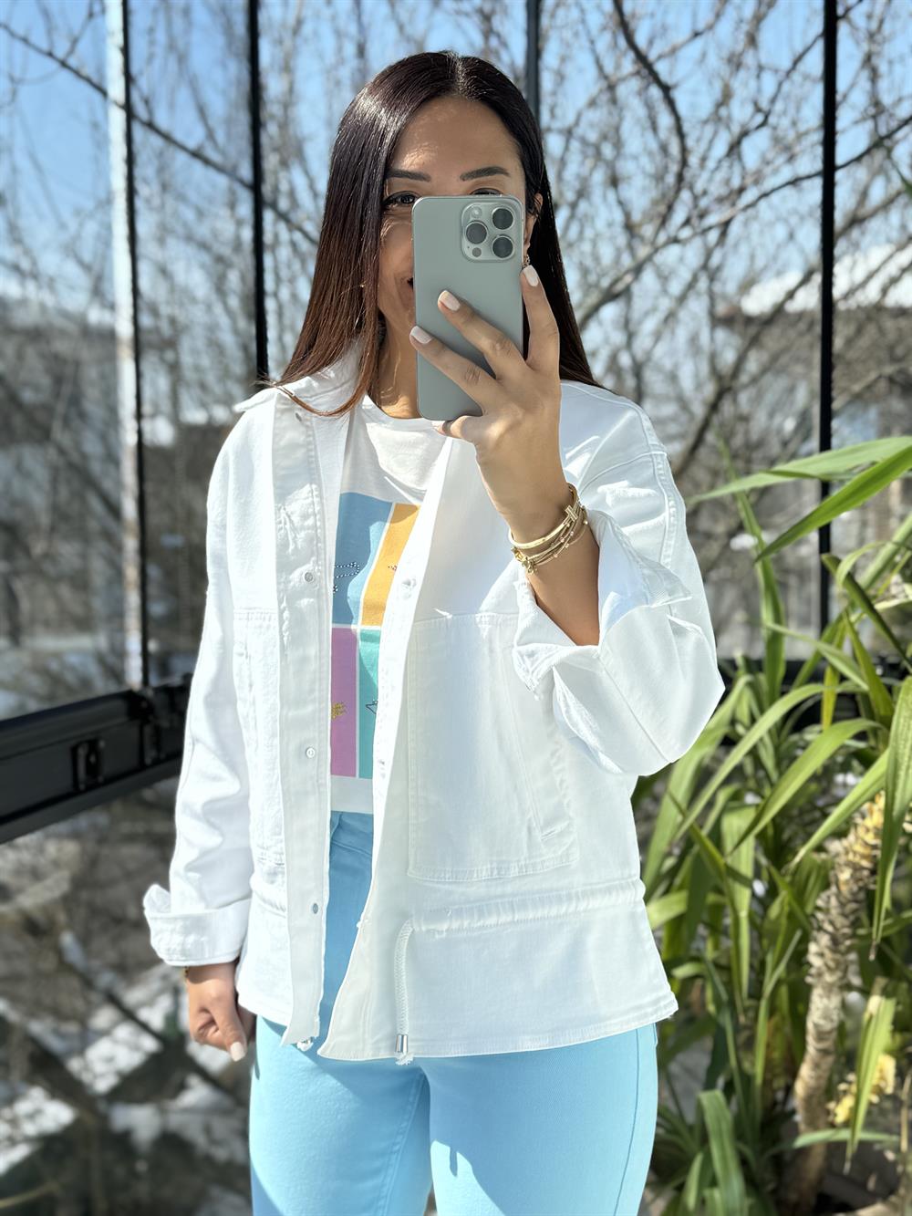 Eteği Büzgülü Oversize Ceket Beyaz