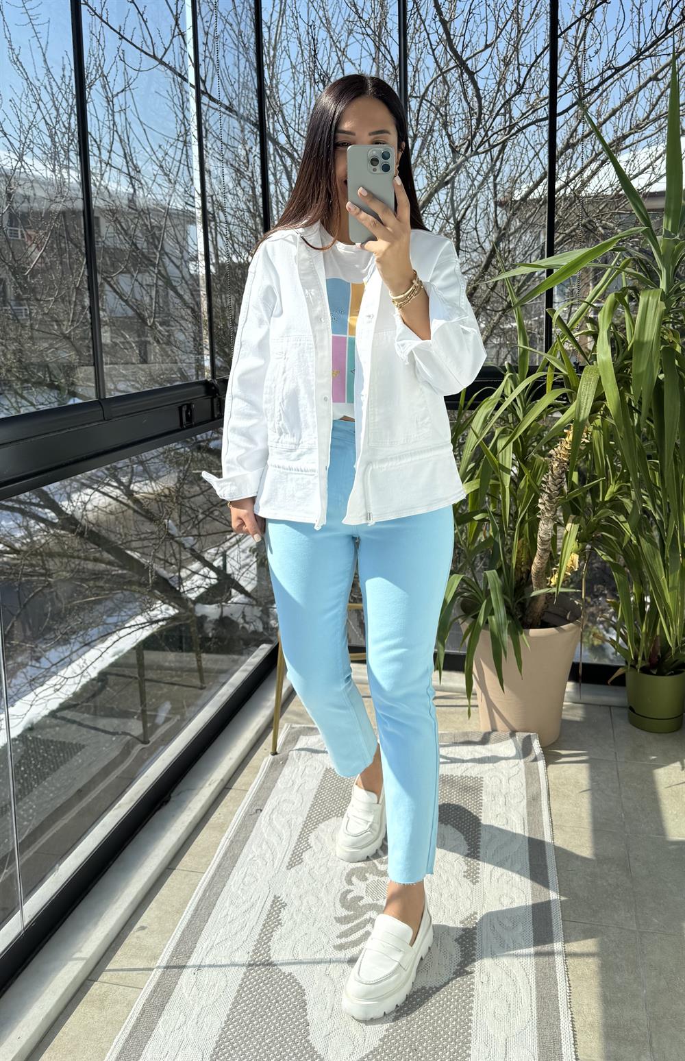 Eteği Büzgülü Oversize Ceket Beyaz