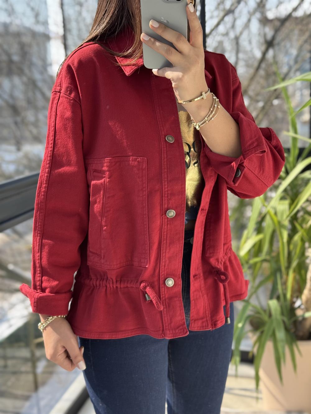 Eteği Büzgülü Oversize Ceket Bordo