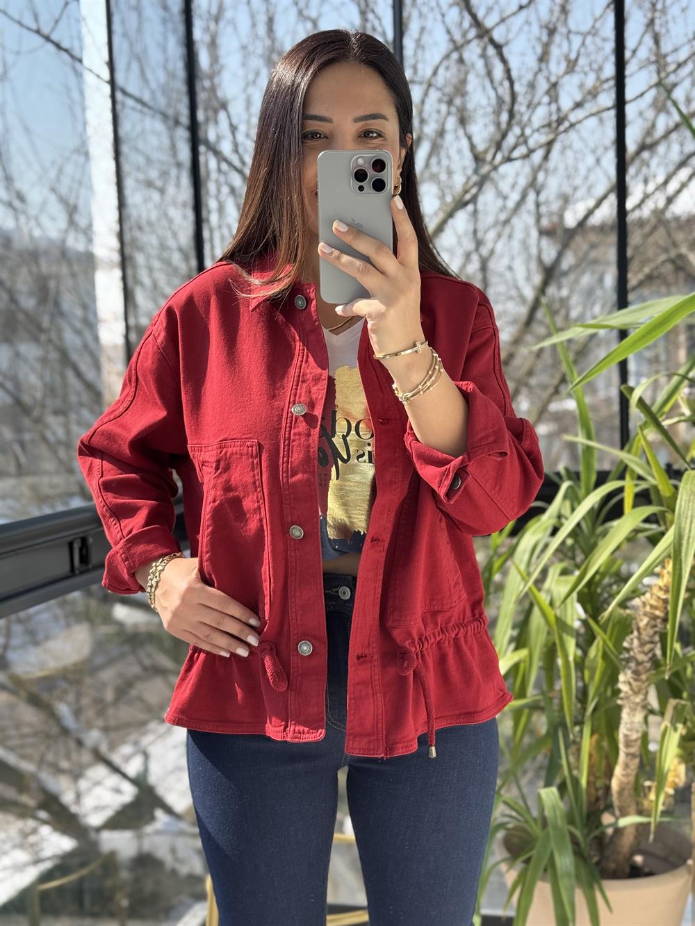 Eteği Büzgülü Oversize Ceket Bordo