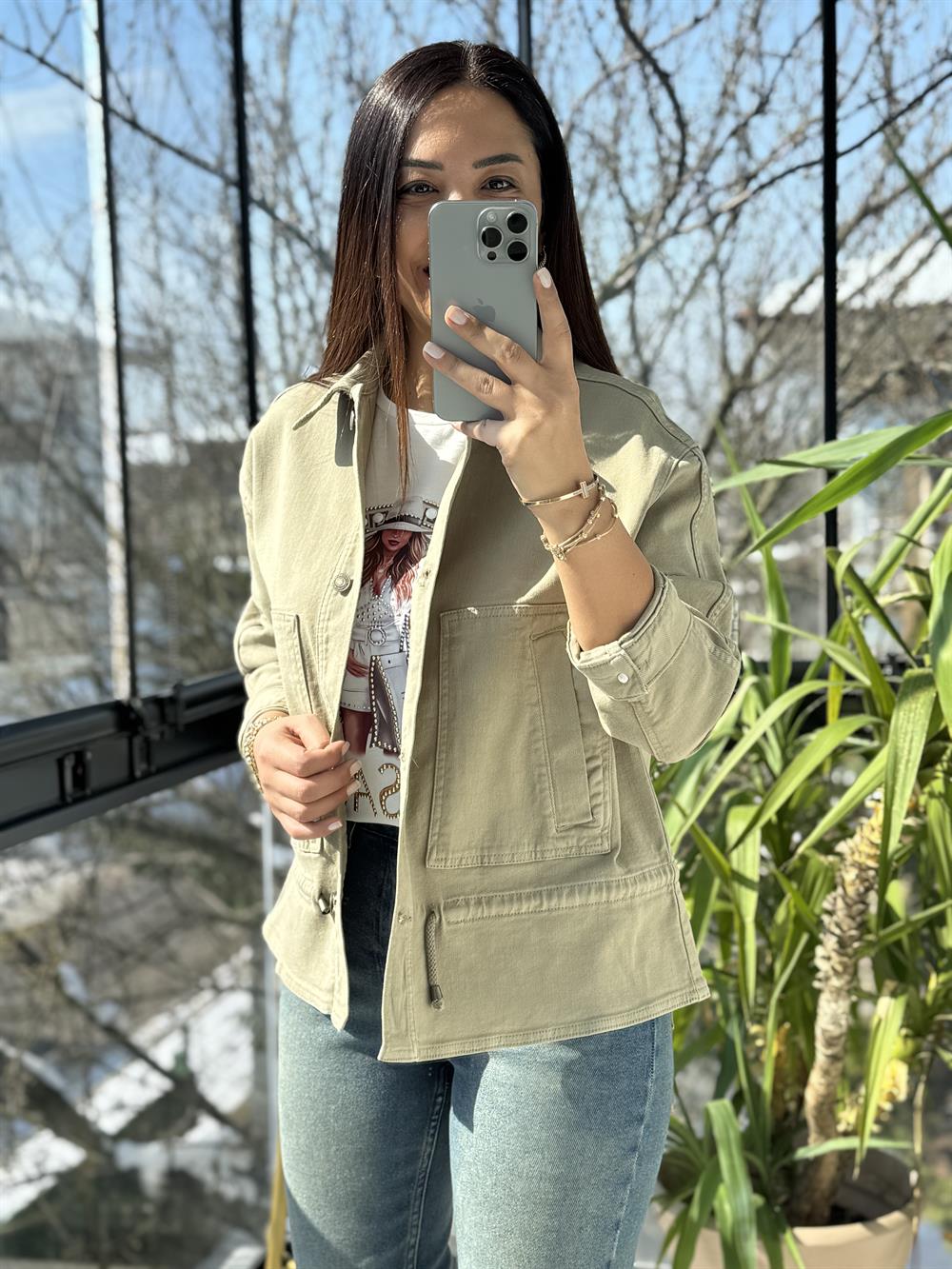 Eteği Büzgülü Oversize Ceket Haki Yeşili