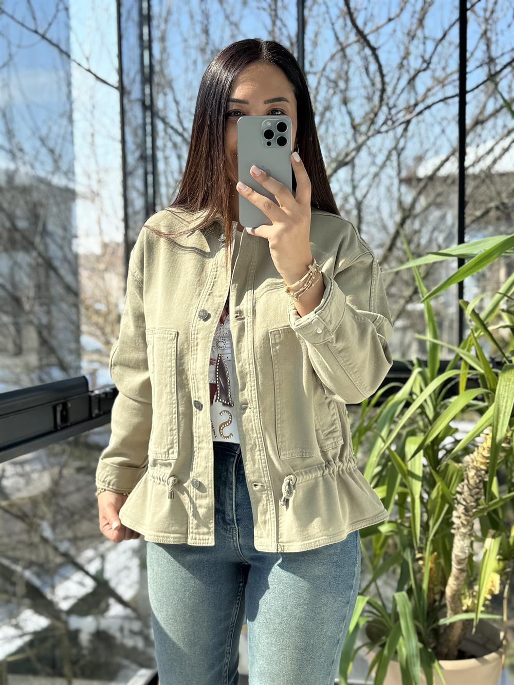 Eteği Büzgülü Oversize Ceket Haki Yeşili