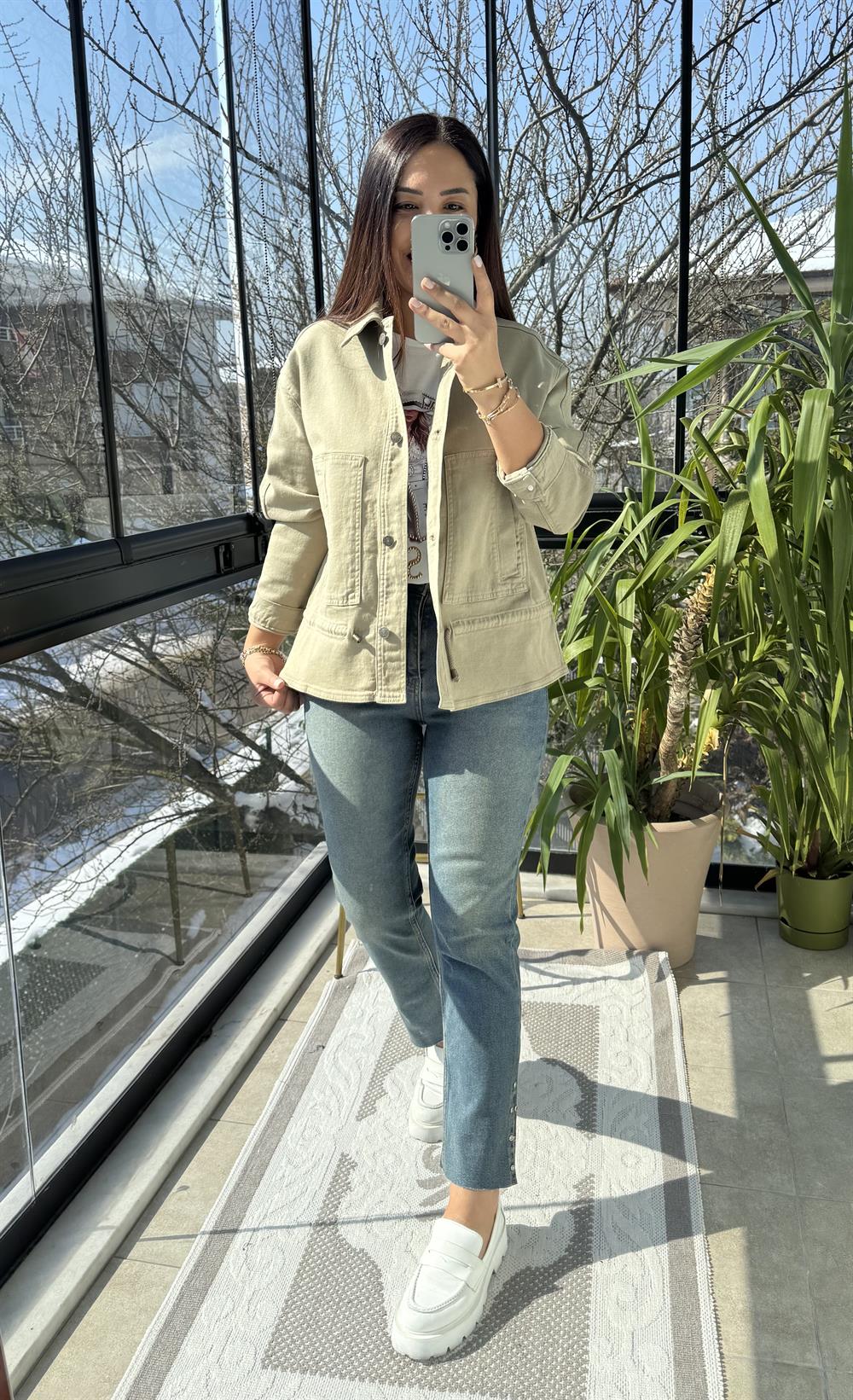 Eteği Büzgülü Oversize Ceket Haki Yeşili