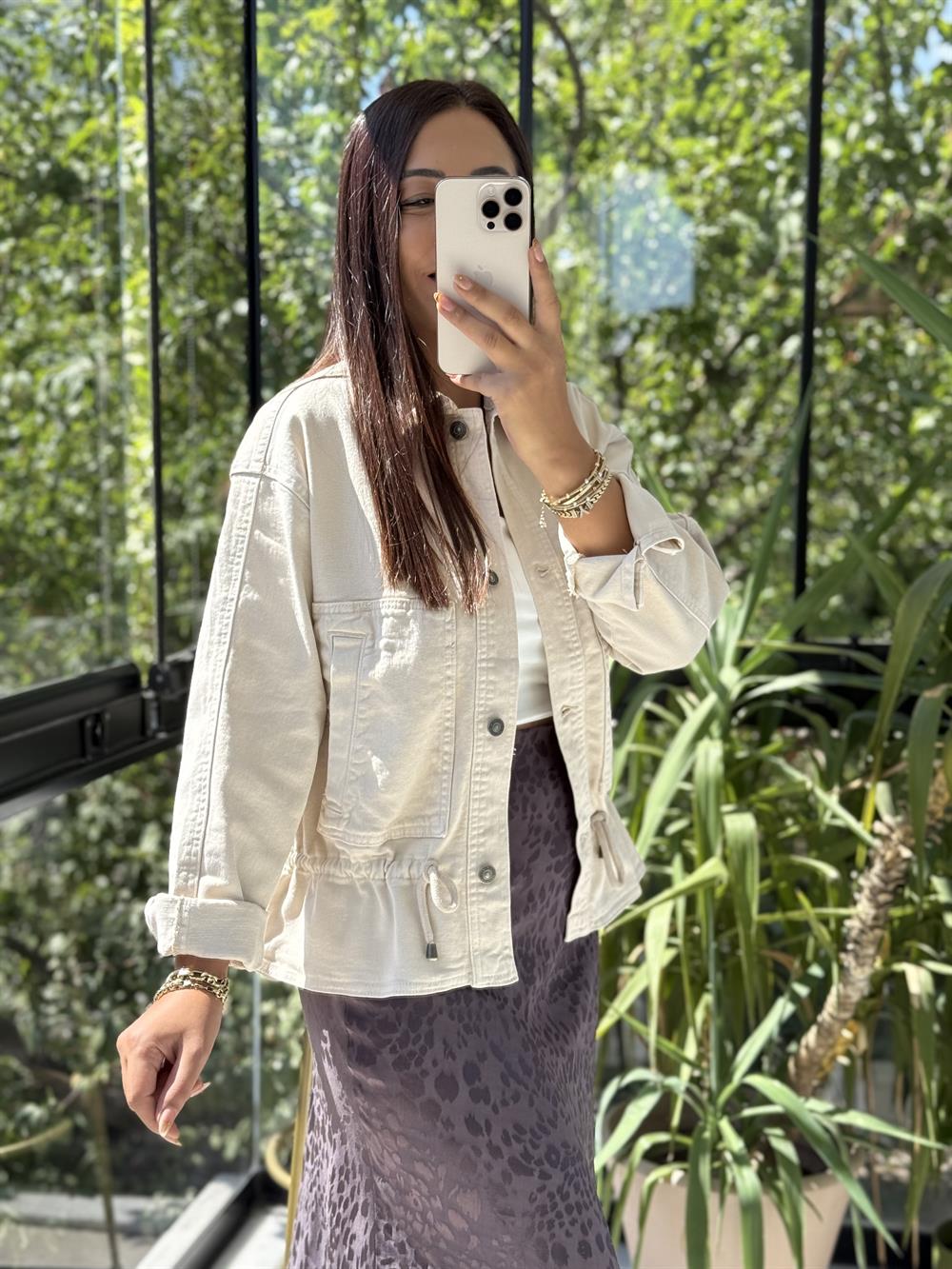 Eteği Büzgülü Oversize Ceket Taş