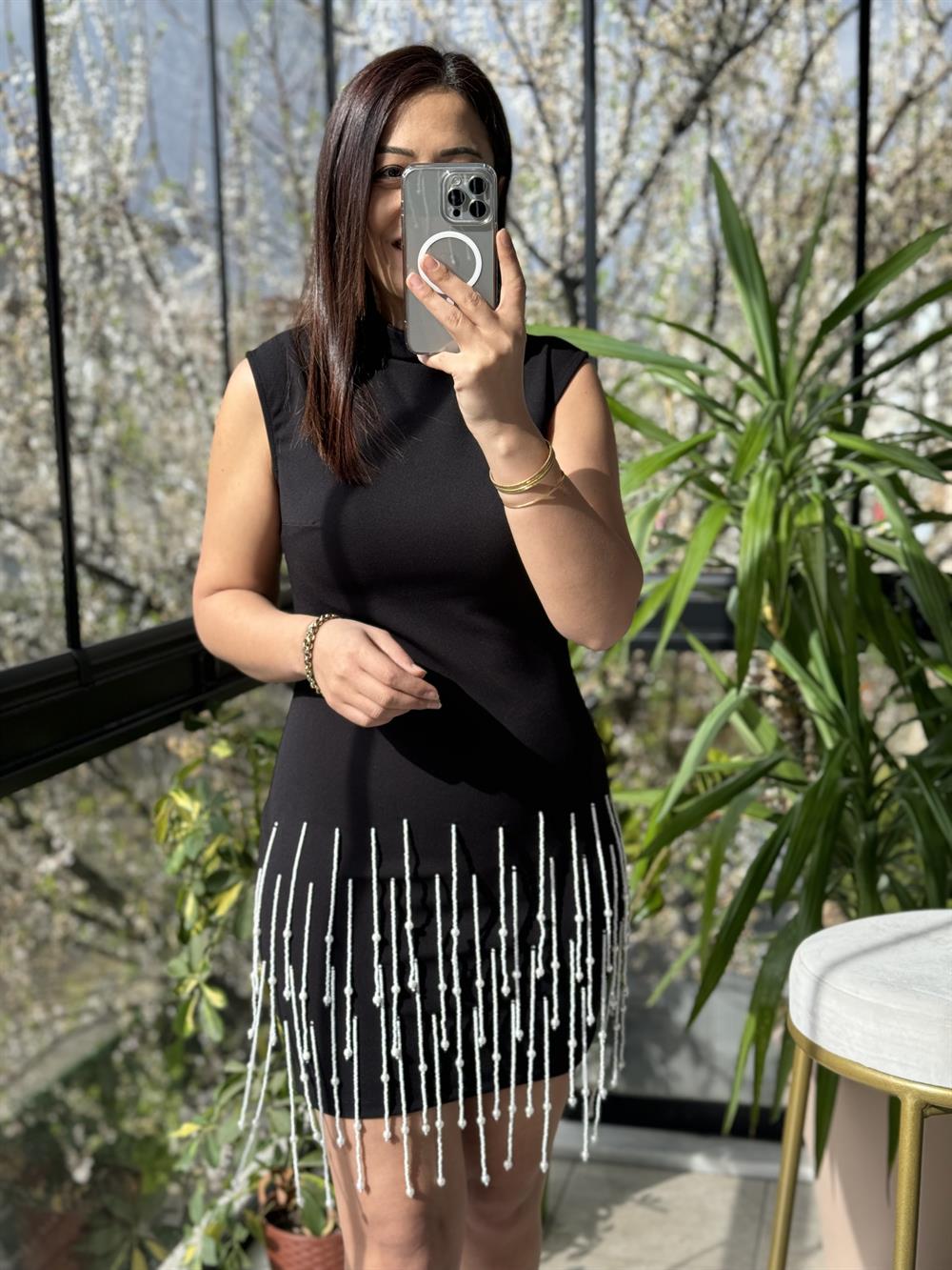 Eteği Taşlı Elbise Siyah