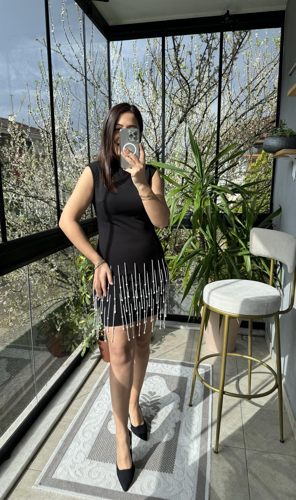 Eteği Taşlı Elbise Siyah