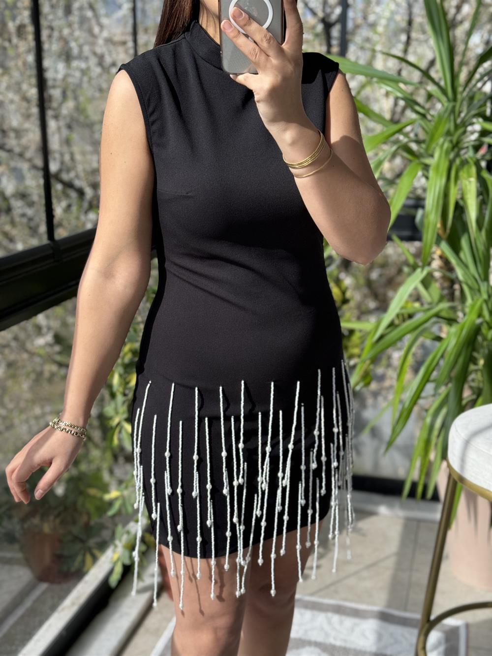 Eteği Taşlı Elbise Siyah