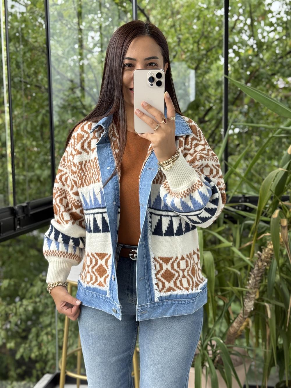 Etnik Desen Yumoş Parçalı Hırka Taba