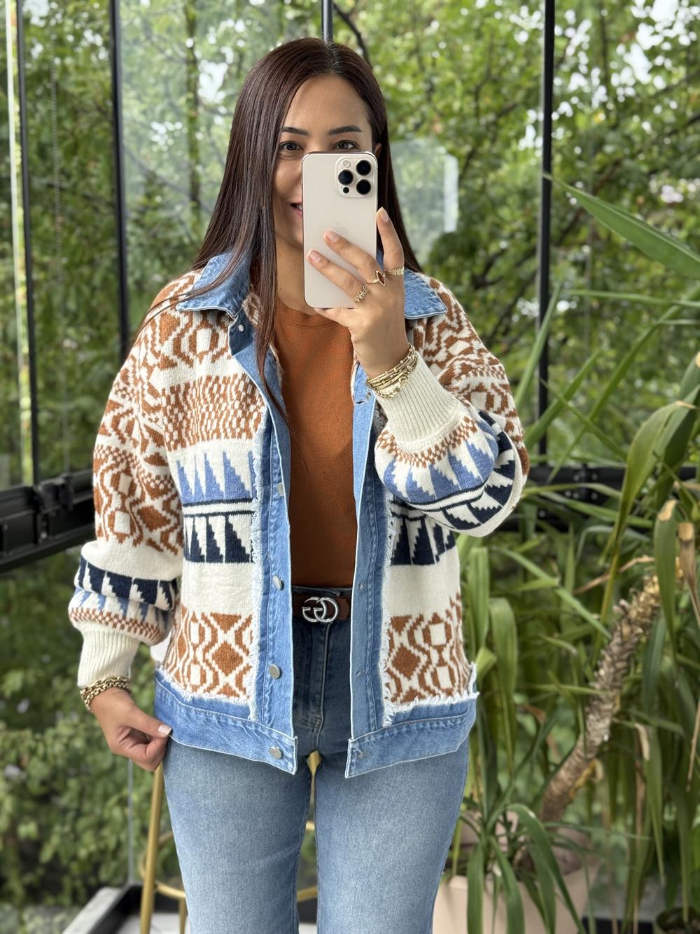 Etnik Desen Yumoş Parçalı Hırka Taba