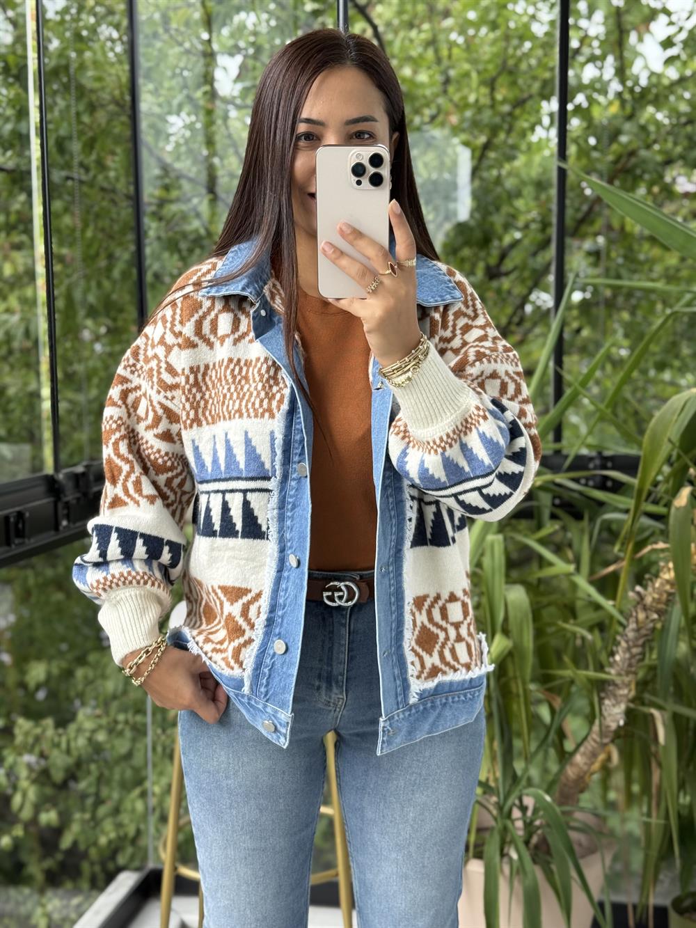 Etnik Desen Yumoş Parçalı Hırka Taba