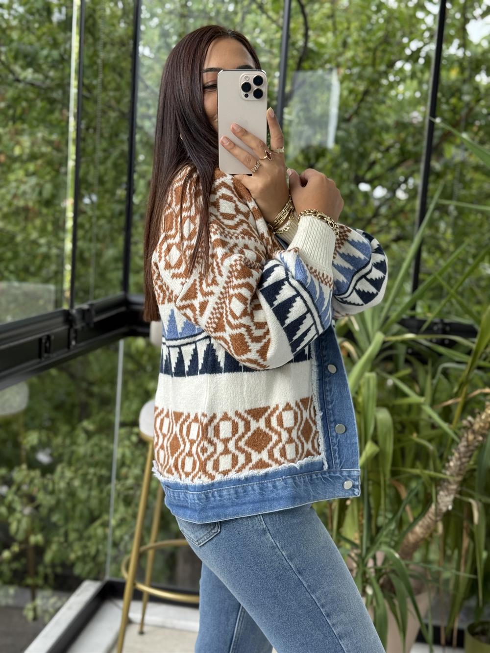 Etnik Desen Yumoş Parçalı Hırka Taba