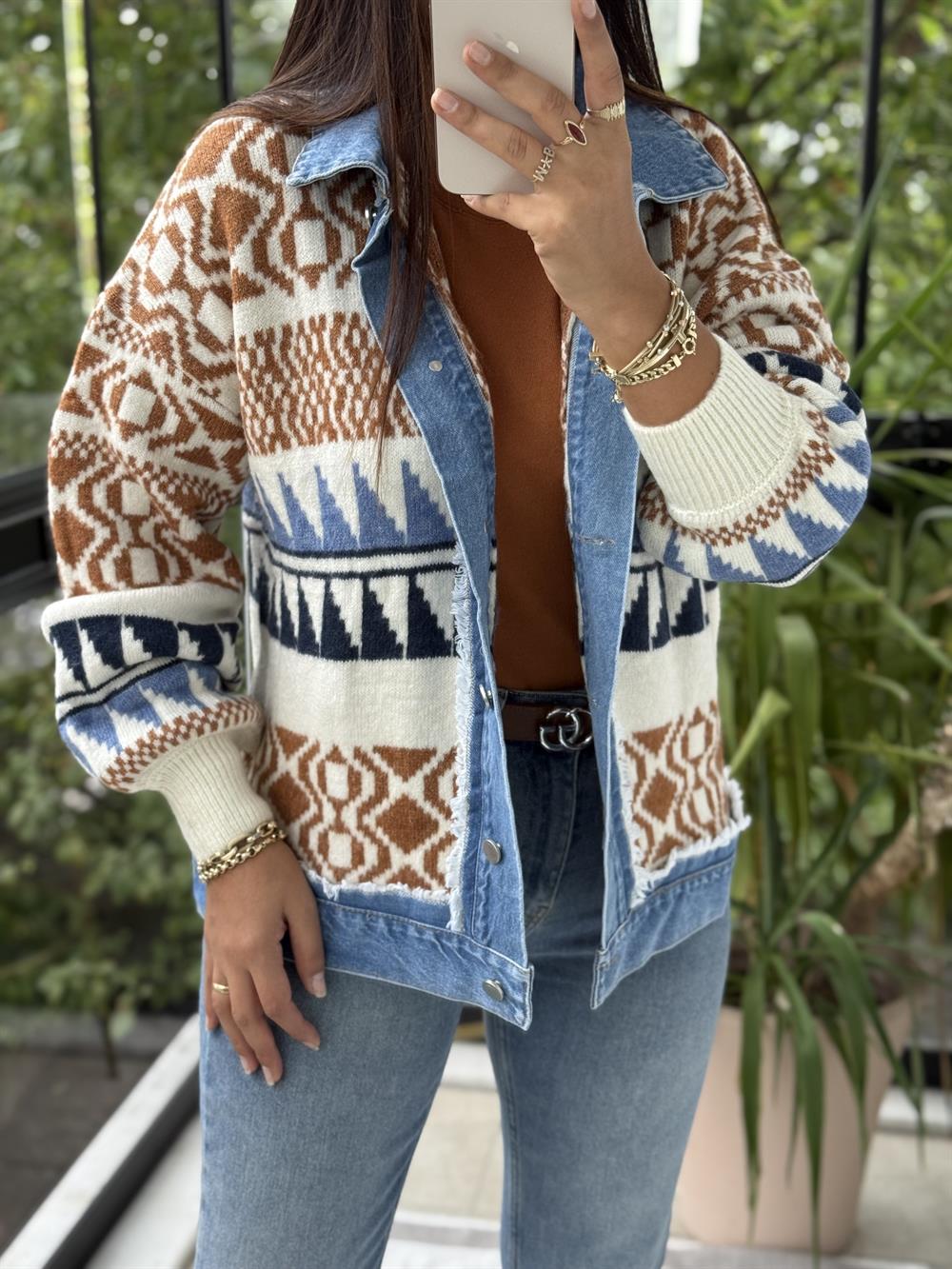 Etnik Desen Yumoş Parçalı Hırka Taba