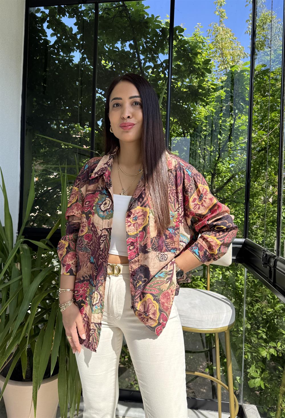 Etnik Desenli Gömlek Kahve