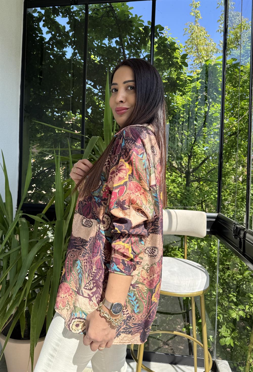 Etnik Desenli Gömlek Kahve