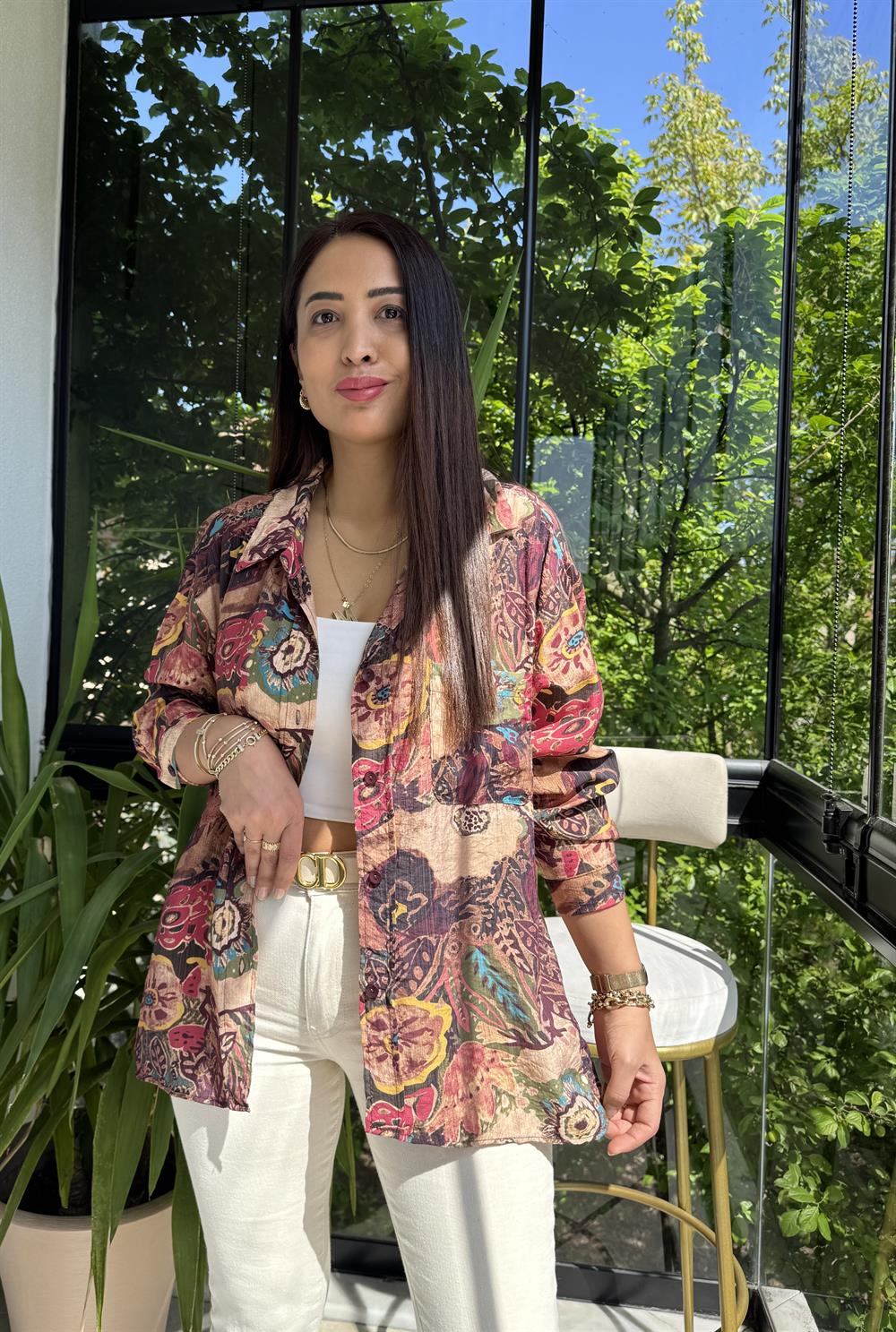 Etnik Desenli Gömlek Kahve