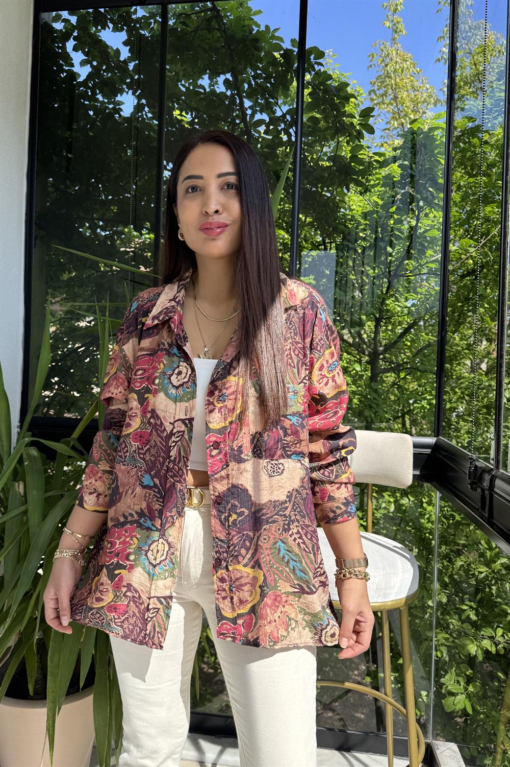 Etnik Desenli Gömlek Kahve