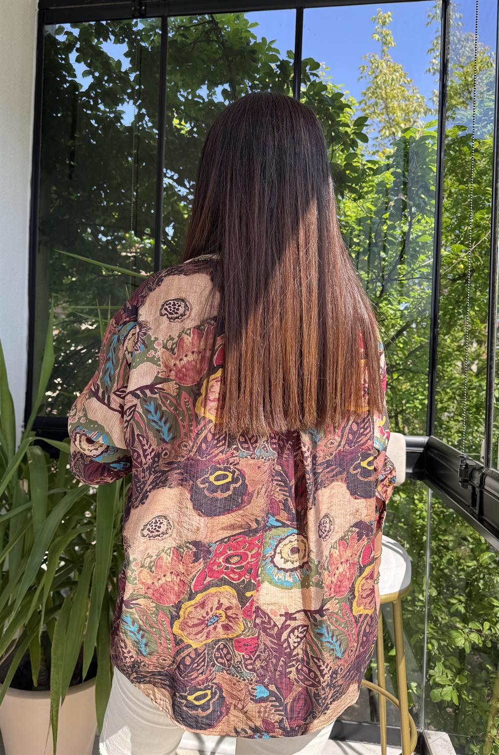 Etnik Desenli Gömlek Kahve