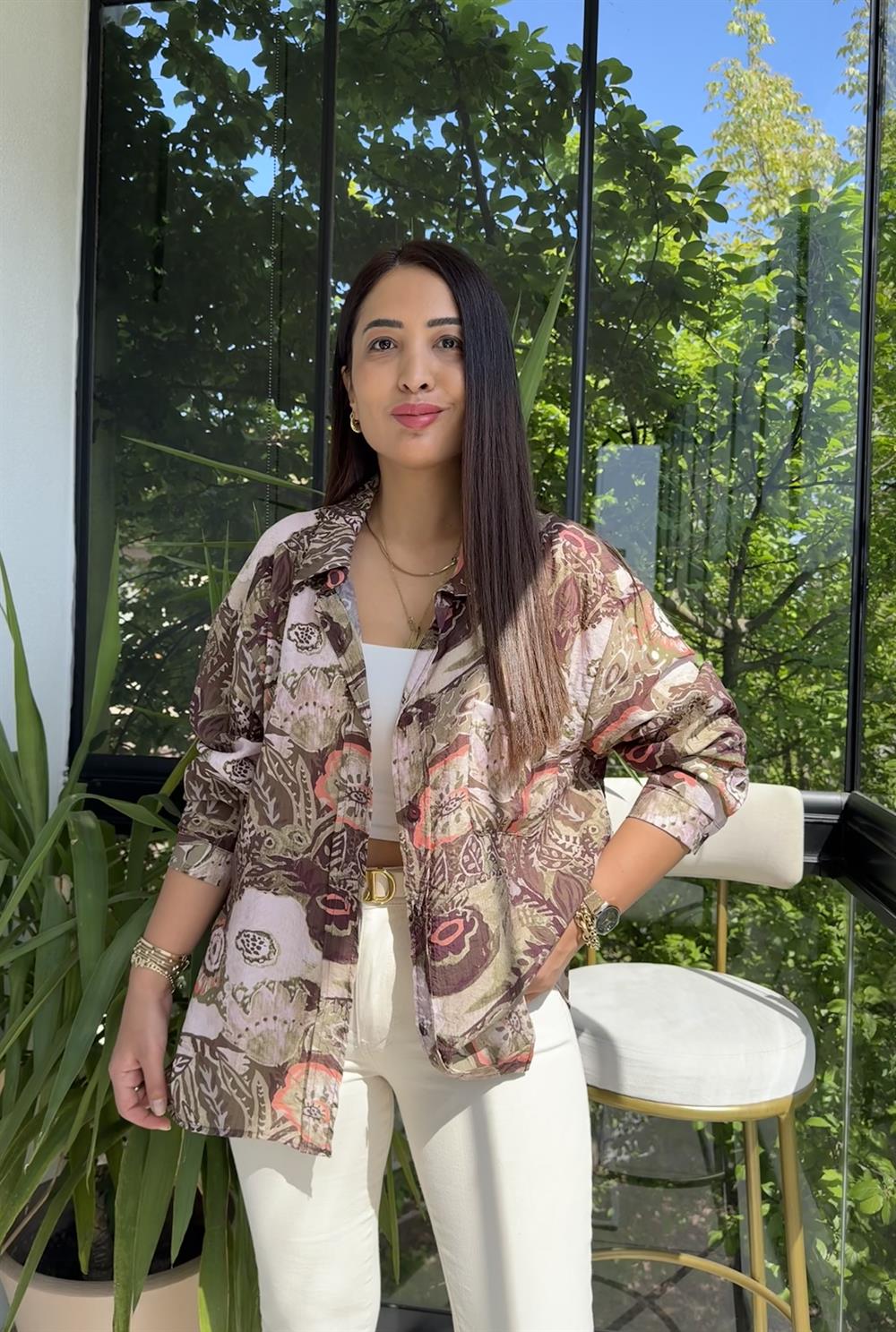 Etnik Desenli Gömlek Yeşil