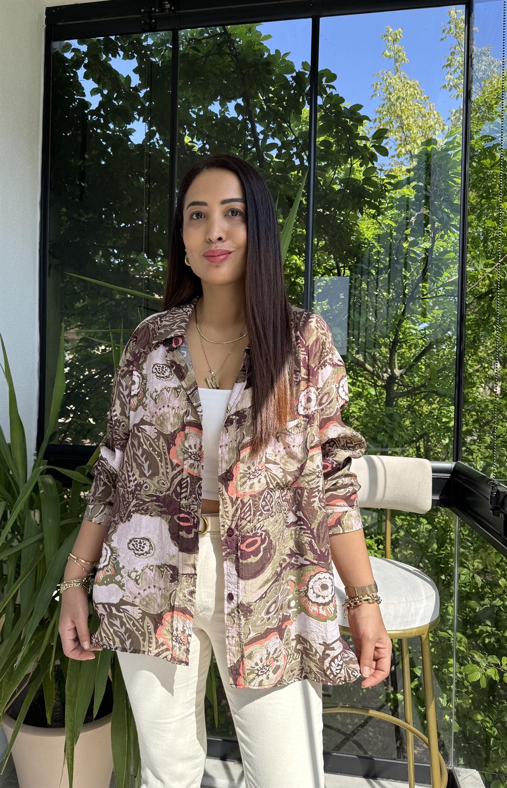 Etnik Desenli Gömlek Yeşil