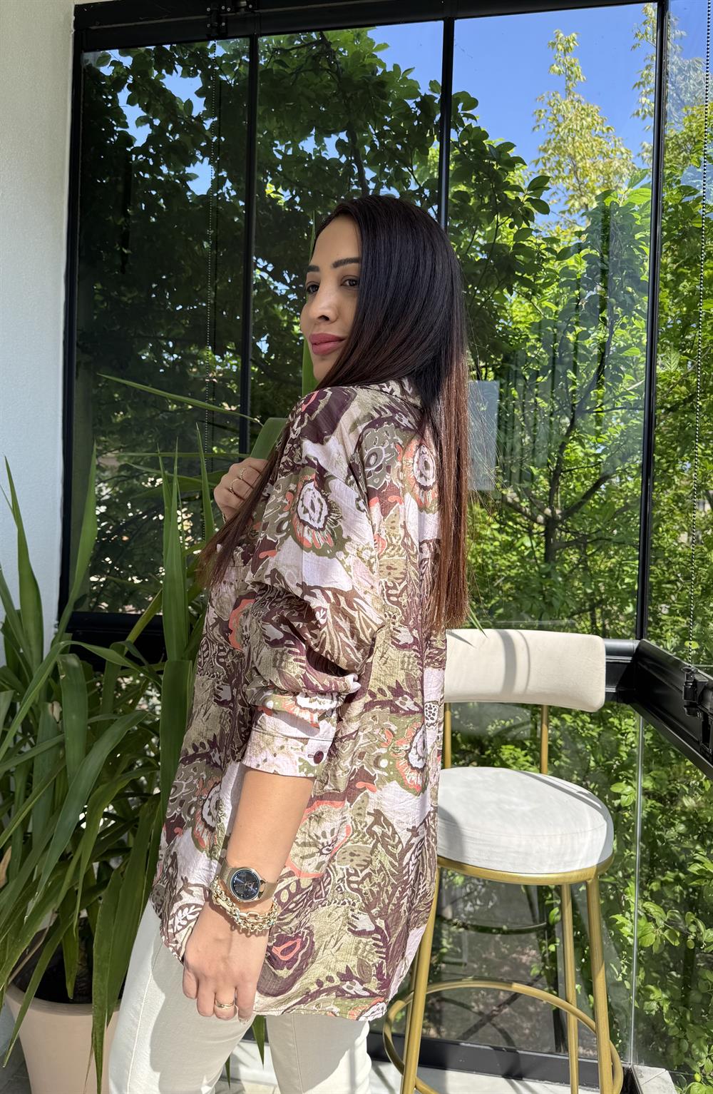 Etnik Desenli Gömlek Yeşil