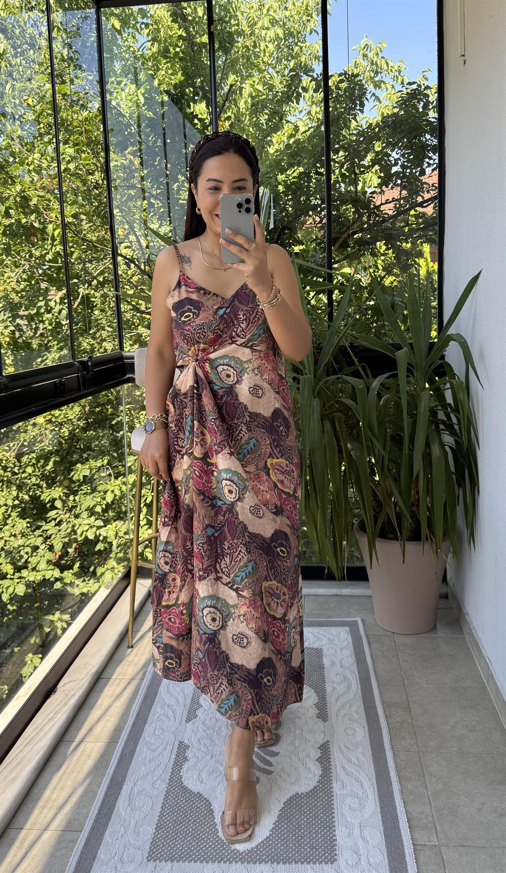 Etnik Desenli İp Askılı Elbise Kahve