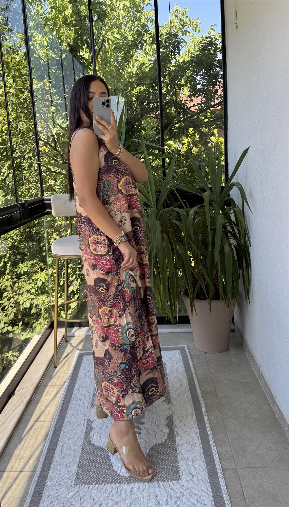 Etnik Desenli İp Askılı Elbise Kahve