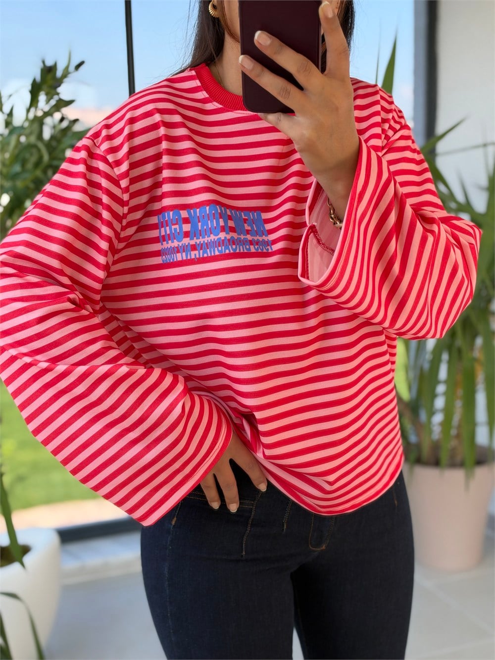 New York City Çizgili Sweatshirt Kırmızı