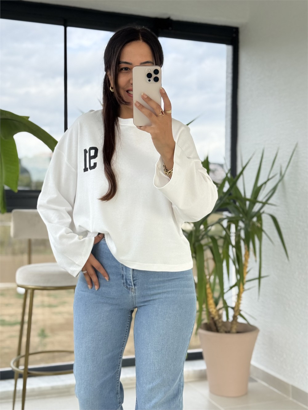 91 Baskılı Basic Sweatshirt Beyaz