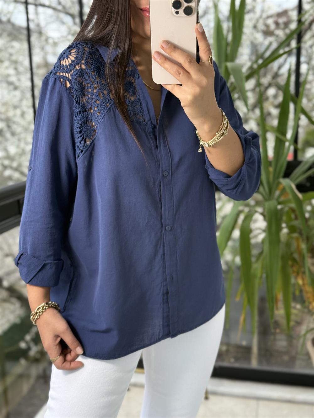 Omuz Dantel Detaylı Natural Gömlek İndigo Mavi