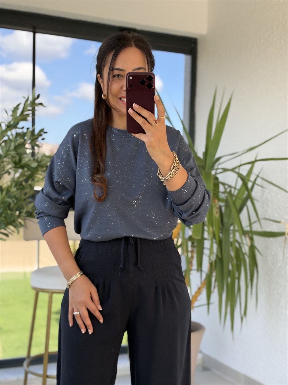 Simli Oysh Sweatshirt İndigo Mavi