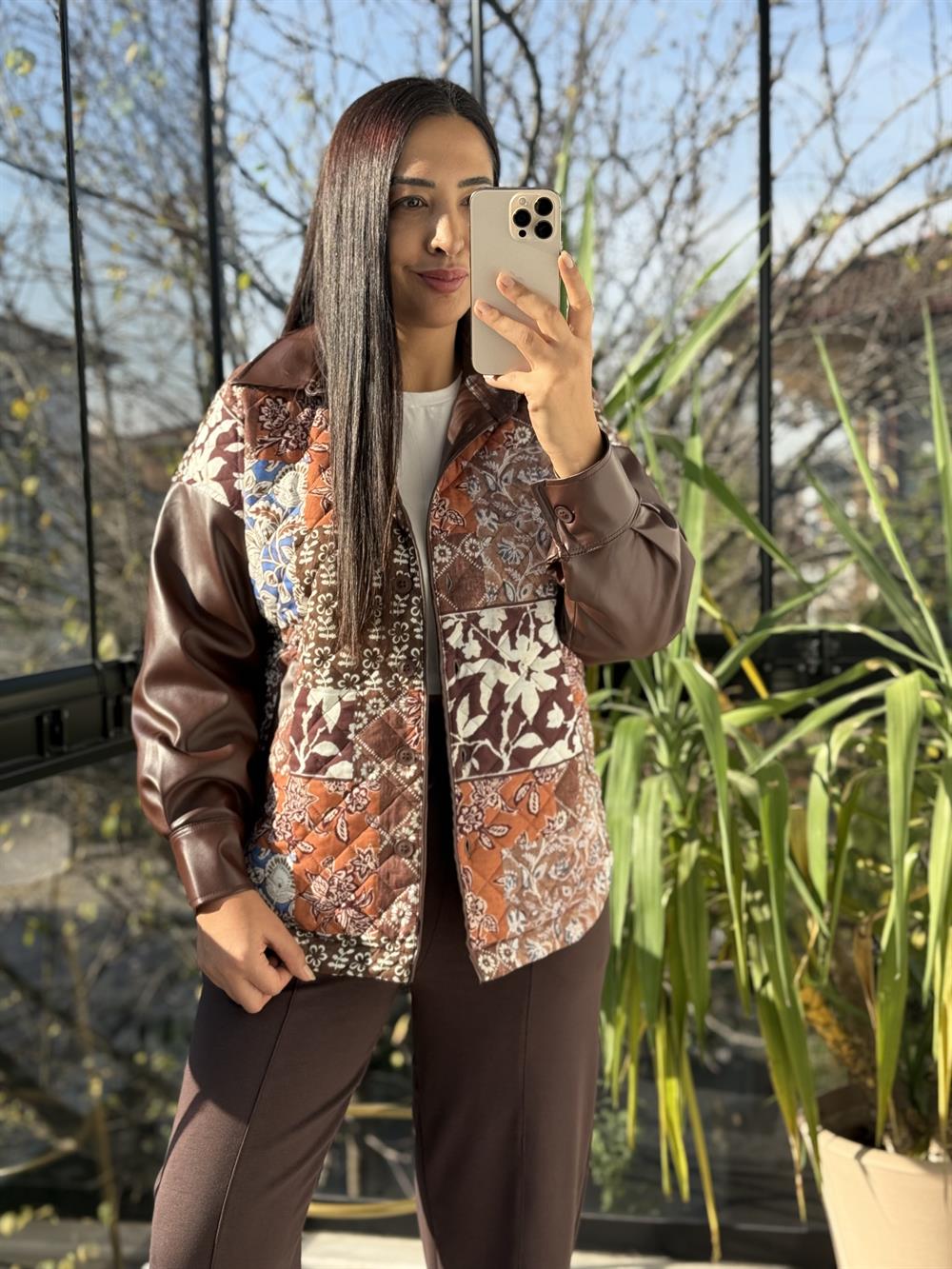 Deri Garnili Kapitone Ceket Kahve